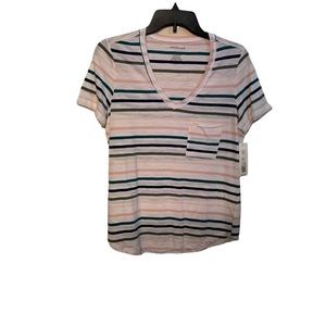 Westbound women’s small T-shirt  v neck cotton white w/ black & gold stripes